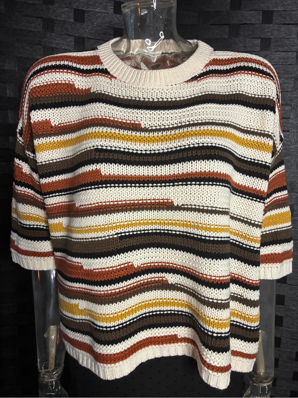 Striped Knit Short Sleeve Sweater - Cream, Rust, Mustard, Brown, Black